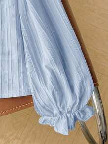 少女休闲校服翻领荷叶边纽扣前襟纹理编织长袖衬衫，返校季 - 淺藍色 - 查看 4