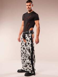 FeverCity Men's Hollow Out All-Over Print Fringe Design Pants Western Pants Fringe Pants Cowboy Chaps Men - Black and White - View 7