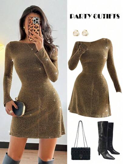 Rafferiza Women's Elegant Backless Dress, Gold Color, Fitted Silhouette, Scoop Neck, Long Sleeve, Suitable For Party, Date Night