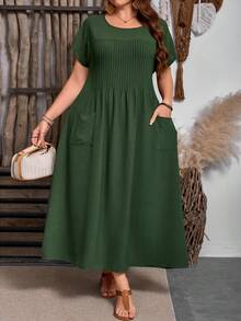 SHEIN 大码休闲纯色双口袋连衣裙 - 軍綠色 - 查看 4