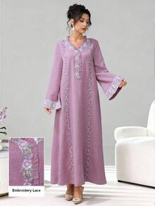 SHEIN Najma Váy Ả Rập tay dài xếp nếp viền ruy băng chắp vá cổ chữ V viền loe cho nữ - Màu tím - Xem 4