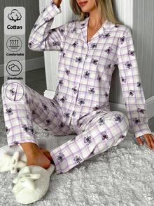 EURMUSE Women 2 Pcs Button Front With BEAR&PLAID Pattern Homewear Cute Pajama Set - Multicolor - View 3