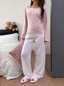 Dream Adore Women's Pullover Button-Up Long Sleeve Striped Print Pajama Set