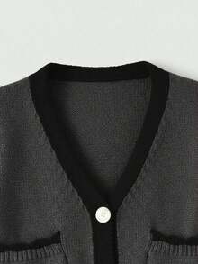 ROMWE Fairycore Casual Embroidered Contrast Trim Lantern Sleeve Cardigan, Autumn/Winter - Grey - View 2