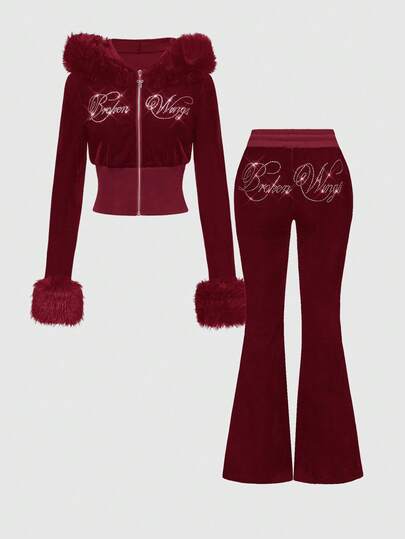 J-Fashion 2 pezzi Set di felpe in velluto con decorazioni in strass, stile Y2K, per l'autunno/inverno