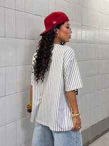 StreetHx 女士休闲条纹宽松短袖衬衫 - 白色 - 查看 2