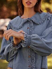 WESTFADE Camisa de botones de manga larga con cuello de volantes de mezcla de algodón chambray, tops lindos de otoño, concierto de country, otoño, invierno, bohemio, casual, lindo - Lavado ligero - Ver 3
