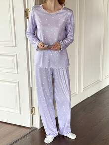 Dream Adore Heart Textured Casual Thermal Long Sleeve & Pants Women Pajama Set - Purple - View 6