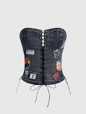 Sexy Punk Rock Graphic Bandeau Crop Top, Women Denim Shirt