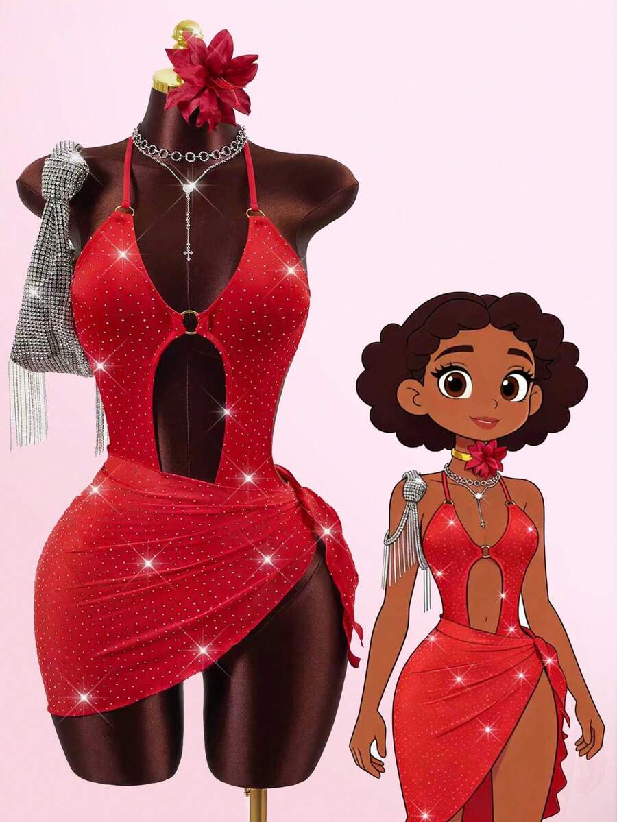 Zestiva Women's 2 Pieces Rhinestone Embellished Halter Neck Cutout One-Piece Swimsuit With Tie-Up Skirt, Summer,Carnival Women Look 2026,Valentine's Day Outfit,Beach Outfit,Party,Red,Sparkly Dress - Red - View 1