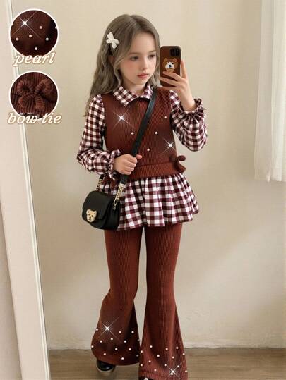 Girls' Casual Shirt Set, Brown Bow Design, Beaded Knit Ribbed Fabric, Collared Ruffle Hem Shirt Top Paired With Brown Ribbed Fabric White Pearl Flare Pants, 2pcs Set, Suitable For Back To School, Casual, Fashion, Sweet, Comfortable Outings, Holidays