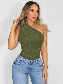 Zolique Solid Color Oblique Shoulder Fitted Sleeveless Bodysuit, Summer - Army Green - View 8