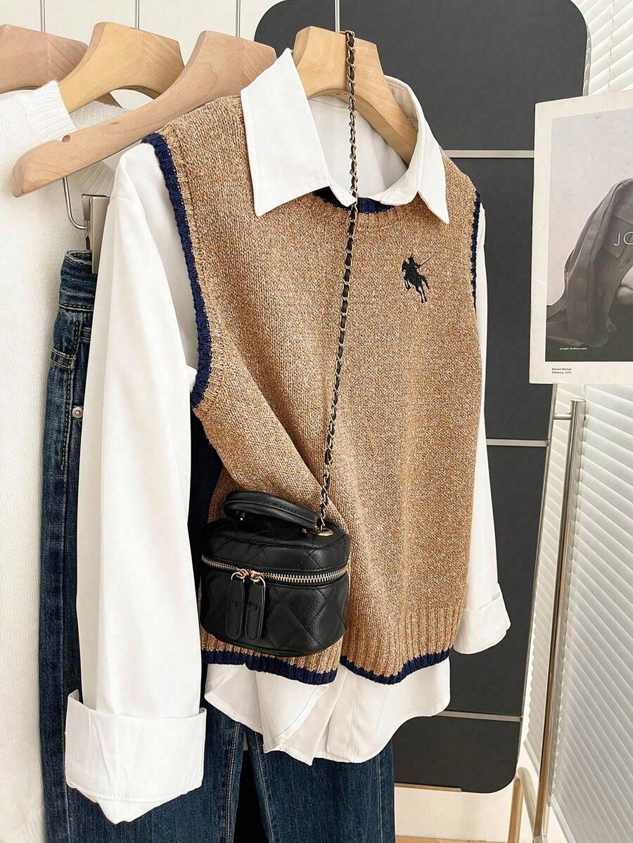 Resyla Women's Regular Loose Fit Round Neck Knight Embroidery Casual Knit Vest - Brown - View 1