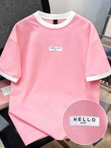 Manfinity Joysei Unisex Simple Embroidered Patch Contrast Cuff T-Shirt - Pink - View 1