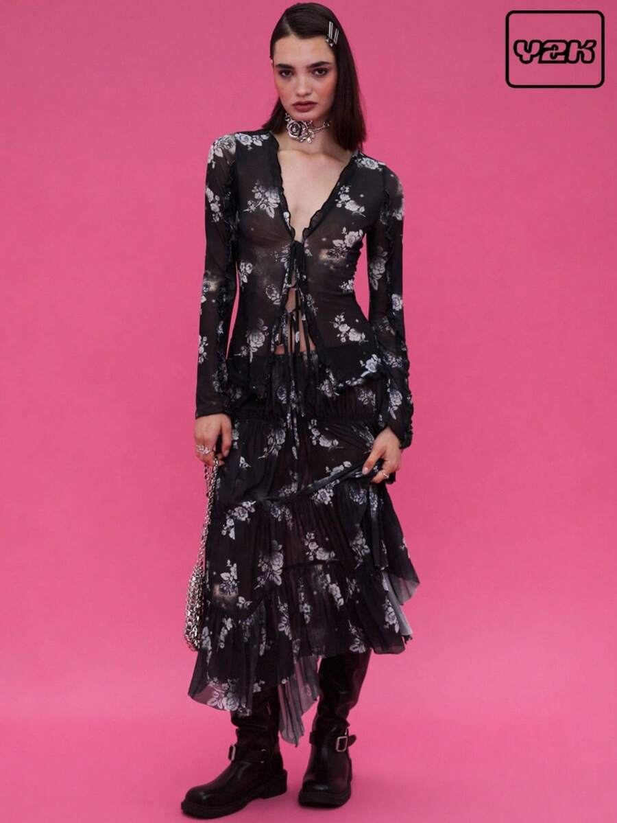 COUREZ Váy maxi lưới in hoa / Trang phục đi chơi phong cách Y2K mùa thu, quần áo mùa đông cho nữ, trang phục Gothic cho câu lạc bộ, trang phục gợi cảm cho nữ. - màu đen - Xem 1
