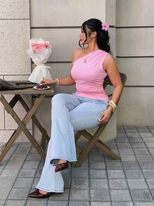 GalTyme Valentine's Day,Women's Plus Size One-Shoulder Pleated Solid Color Top - Pink - View 3