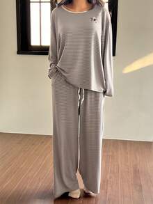 DAZY 2pcs/Set Women Cartoon Pattern Striped Loose Long Sleeve T-Shirt And Pants Casual Suit - Grey - View 5