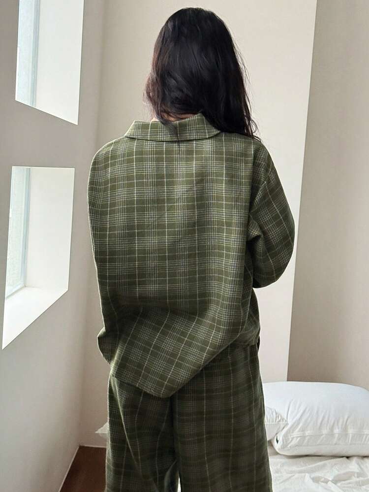 Plaid Loose Fit Shirt & Pants 2 Pieces Pajama Set For Women