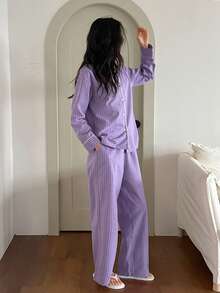 DAZY Casual Plaid Contrast Trim Women Pajama Set - Purple - View 8