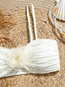 三件套少女泳衣套装，纹理面料，花卉图案，适合沙滩、泳池、派对和度假穿着，春夏款 - 杏色 - 查看 3