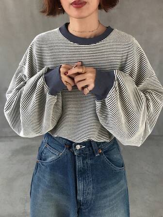 FRIFUL Women's Striped Loose Fit Round Neck Drop Shoulder Long Sleeve Casual T-Shirt