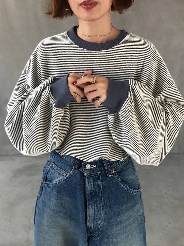 FRIFUL Women's Striped Loose Fit Round Neck Drop Shoulder Long Sleeve Casual T-Shirt