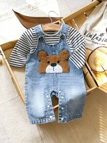 SHEIN Vintaside Kids Newborn Spring Casual Striped Round Neck Long Sleeve Top With Cute Bear Embroidery & Versatile Washable Denim Strap Jumpsuit - Blue - View 1