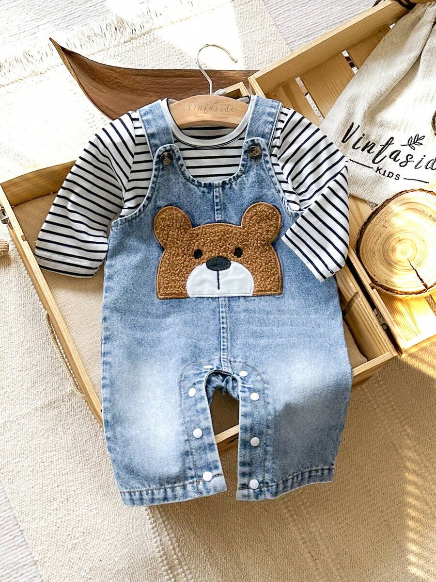 SHEIN Vintaside Kids Newborn Spring Casual Striped Round Neck Long Sleeve Top With Cute Bear Embroidery & Versatile Washable Denim Strap Jumpsuit - Blue - View 1