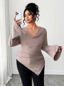 SHEIN Tall CURVE 大码优雅柔软绒毛针织喇叭袖T恤，适合高个女性 - 淺粉色 - 查看 4