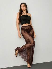 SHEIN Tall Y2K 女士黑色夏季时尚性感透视蕾丝超长百搭半身裙 - 棕色 - 查看 5