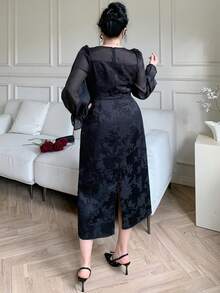 Dazy Plus 优雅撞色蕾丝圆领喇叭袖直筒长连衣裙，适合约会