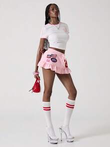 ROMWE Avant Y2K足球运动休闲卫衣和蛋糕裙，刺绣数字设计低腰迷你裙（女款） - 粉色 - 查看 7