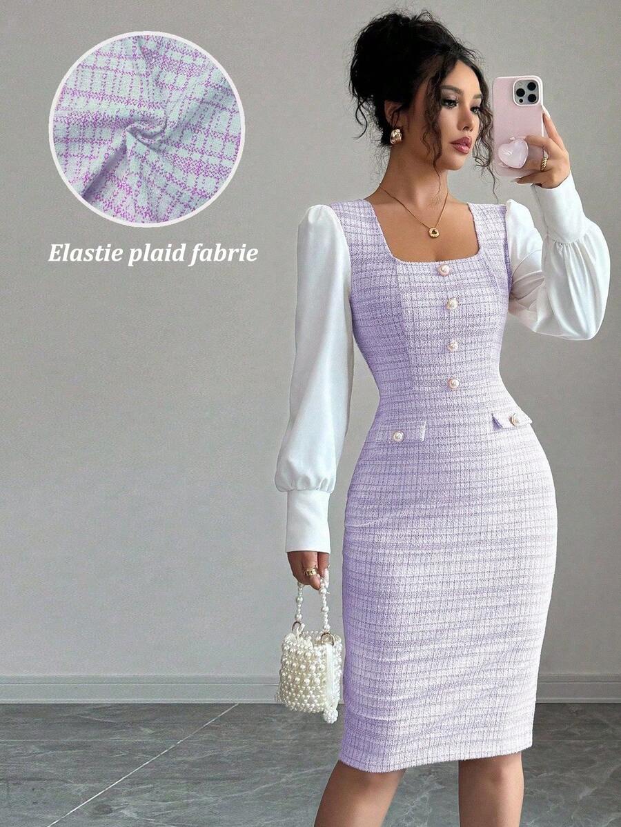Elenzga Elegant Romantic Plaid Patchwork Square Neck Waist Fitted Bodycon Dress For Women - Multicolor - View 1