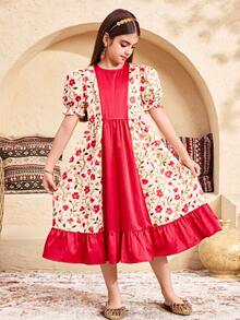SHEIN 少女撞色印花泡泡袖休闲连衣裙 - 粉色 - 查看 5