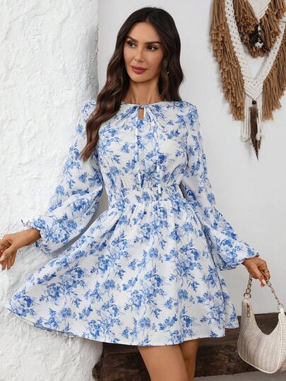 EMERY ROSE Women's Floral Print Tie Neck Lantern Sleeve Elegant Mini Dress, Vacation Vacation Outfits Women  Vacation Outfits Women Vacation Dress Casual Dresses For Women