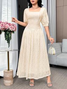 Feyla Đầm ren dài ngang gối thanh lịch tay phồng ngắn cổ vuông dành cho nữ - Màu be - Xem 4