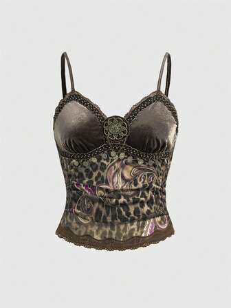 Hippie Vintage Bohemian Paisley Leopard Print Beaded Tassel Round Ring Casual Vacation Plus Size Camisole And Tank Top, Vacation Style Casual Bohemian Retro Vintage Camisole