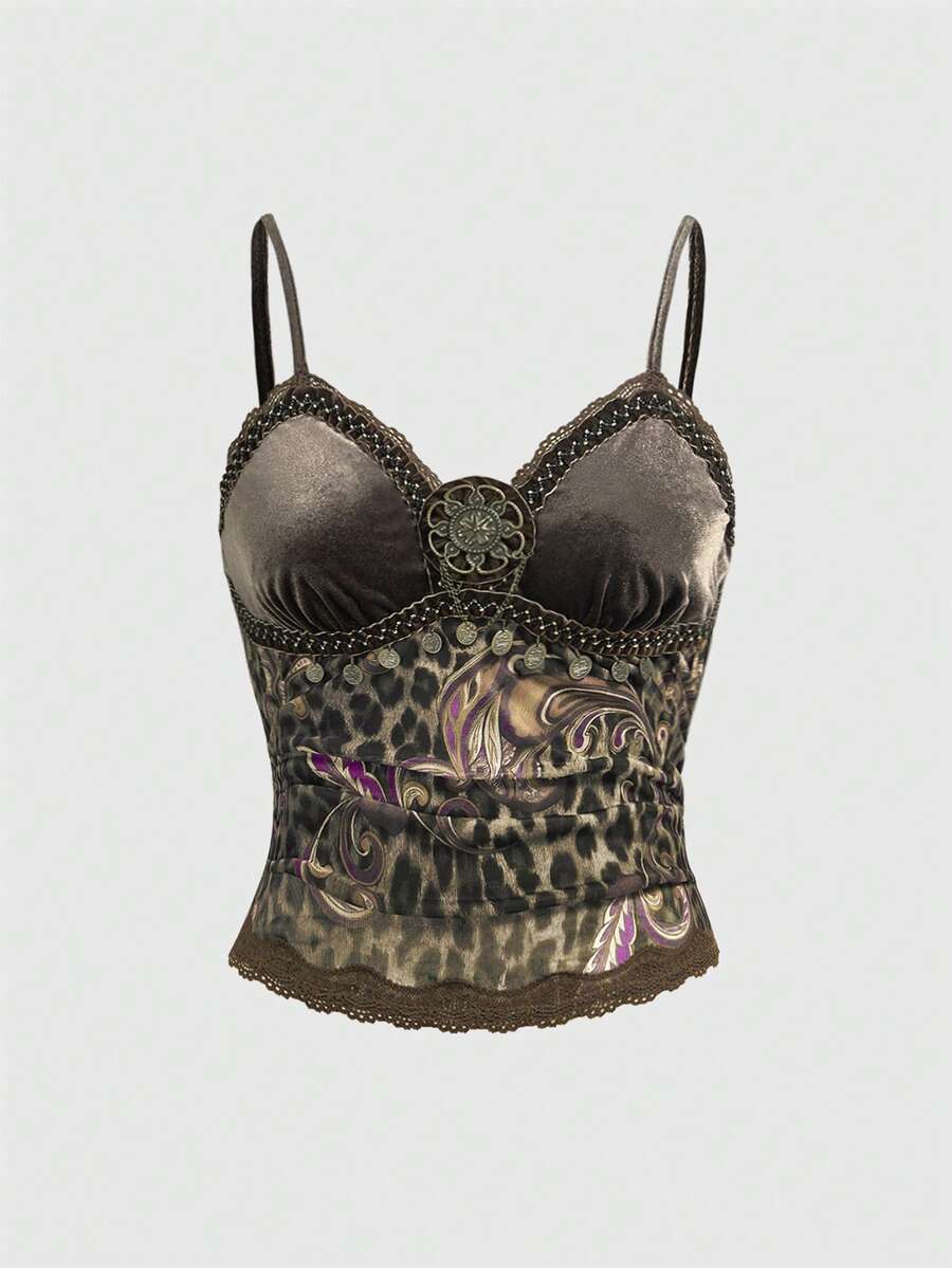 ROMWE Hippie 嬉皮复古波西米亚佩斯利豹纹串珠流苏圆环休闲度假加大码吊带背心和吊带衫，度假风休闲波西米亚复古吊带背心 - 彩色 - 查看 1