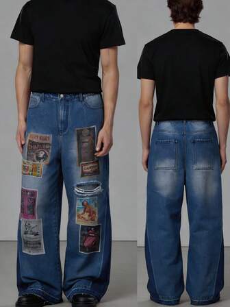 Street Life Jeans a gamba dritta da uomo con stampa a figura e strappi, gamba ampia