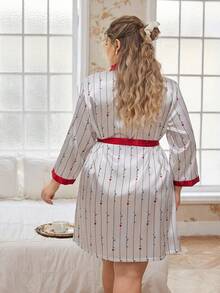CottageSlumber Women's Elegant Color Block Faux Silk Heart & Letter Print Plus Size Robe - White - View 2