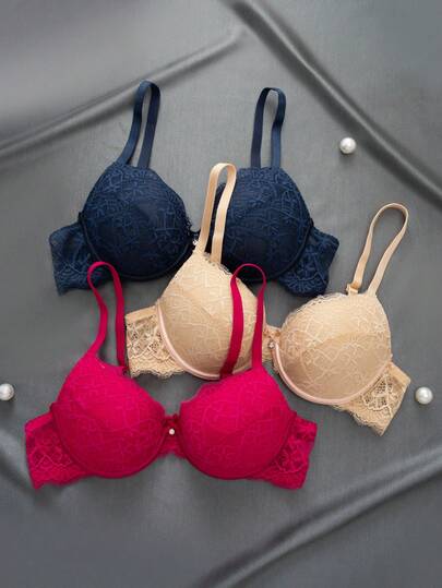 3pcs/Set Sexy Lace Supportive Romantic Minimalist Underwire Adjustable Bras For Women