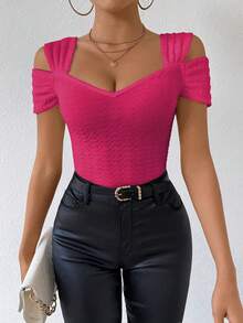 RosyDaze Áo thun nữ màu trơn, tay ngắn, hở vai, ôm sát, gợi cảm, thích hợp mặc mùa hè. - Màu Hồng Tươi - Xem 3