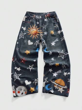 Street Life بنطلون جينز بجيوب مائلة مطبوع عليه الشمس والقمر والسيف