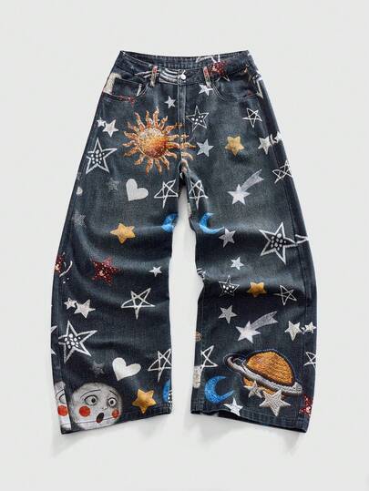 Street Life Jeans da uomo con tasche oblique e stampa di sole, luna e scimitarra