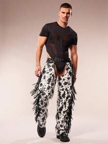 FeverCity Men's Hollow Out All-Over Print Fringe Design Pants Western Pants Fringe Pants Cowboy Chaps Men - Black and White - View 3