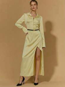 COSMINA 女士纯色简约长袖连衣裙，休闲日常穿着，衬衫领，开衩下摆，优雅女士连衣裙，派对礼服，婚礼宾客礼服，情人节礼服，约会礼服，浅黄色缎面连衣裙 - 淡黃色 - 查看 6