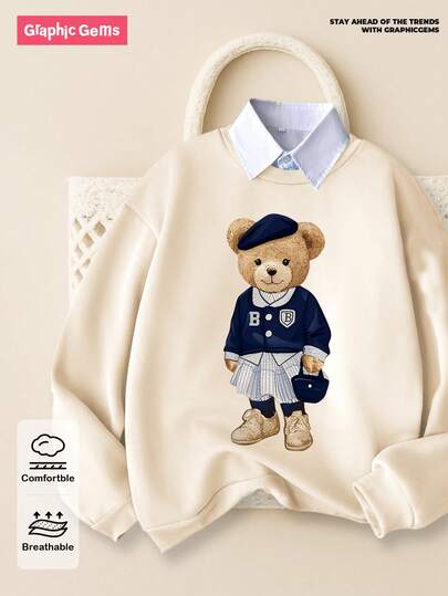 GraphicGems 1pc Tween Girls Vintage Style Bear Graphic Print Crew Neck Loose Fit Long Sleeve Sweatshirt, Suitable For School, Casual Activities, Autumn/Winter, Christmas, Holiday Fashion