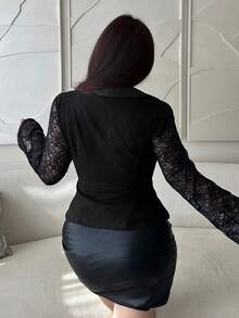 Dazy Plus Elastic Fitted Lace Long Sleeve Cropped Turndown Collar Cardigan Sheer Black T-Shirt Going Out Tops Women - Black - View 5