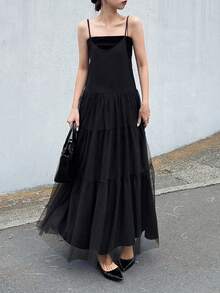 FRIFUL Bộ 2 váy xếp tầng bằng vải lưới phối màu tương phản dành cho nữ. - màu đen - Xem 4