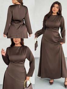 Firerie Plus Size Spring/Summer/Autumn/Winter New Elegant Casual Office Workwear Satin Asymmetric Ruched Waist Slim Long Sleeve Blouse + Regular Loose A-Line Maxi Skirt 2 Piece Set Plus Size Brown Satin Dress Curve Elegant Dress Brown Elegant Dress Women Plus Size Long Sleeve Dress Long Sleeve Elegant Dress
